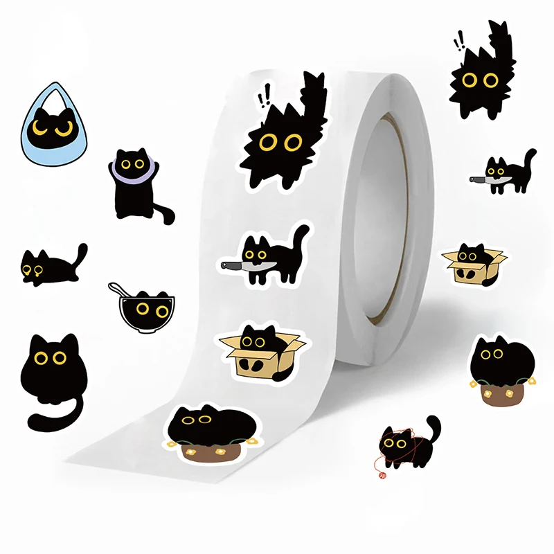 

500PCS Black Cat Sticker Rolls Funny Cartoon Cat Meme 10 Style Stickers Gifts Pack DIY Waterproof Vinyl Decals for Scrapbook