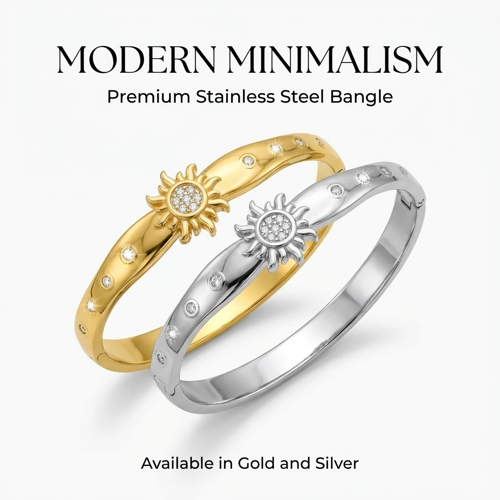 JP One Elegantes Goldfarbenes Schnapparmband, Edelstahl Zirkon Sonnen-Armreif, Luxuriöser Damenschmuck (60mm Innendurchmesser)