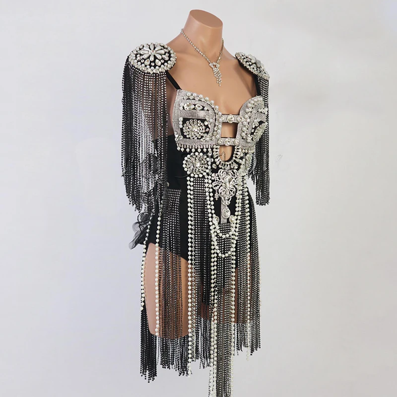 Gogo Show Rave Clothes Black Rhinestone Tassel Dress Nightclub Bar Stage Outfit Festival Party Rave Wear Carnival Costume 2319