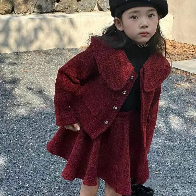 

Kawaii Girl Big Collar Coat Short Skirt Set Fashion Student Autumn Winter Casual Keep Warm Tops 2-Piece Set Children's Clothing