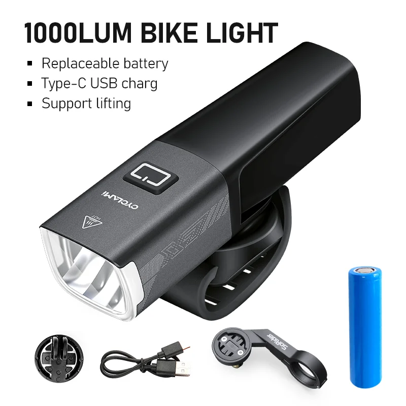 CYCLAMI Bicycle Headlight  Brightness 1000 Lumens Replaceable Battery Cycling Front Lights Big Capacity IPX6 Waterproof