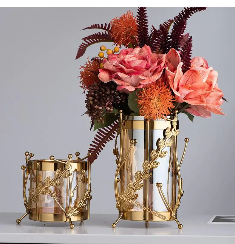 Metal Glassflower Vase Golden Hollow Frame Hydroponic Flower Arrangement Home Decoration Multifunctional Candle Holder