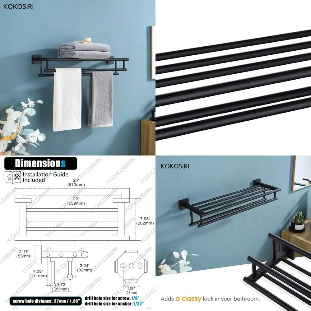 

24-дюймовая настенная матовая черная двойная вешалка для полотенец из нержавеющей стали с полкой