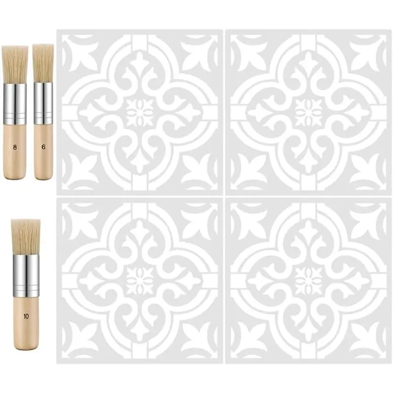 

24-Hour Delivery Tile Stencil And Wooden Brush Set Of 7, Including 3 Bristle Brushes For Floor, Wall Cabinet For Home Decor Proj