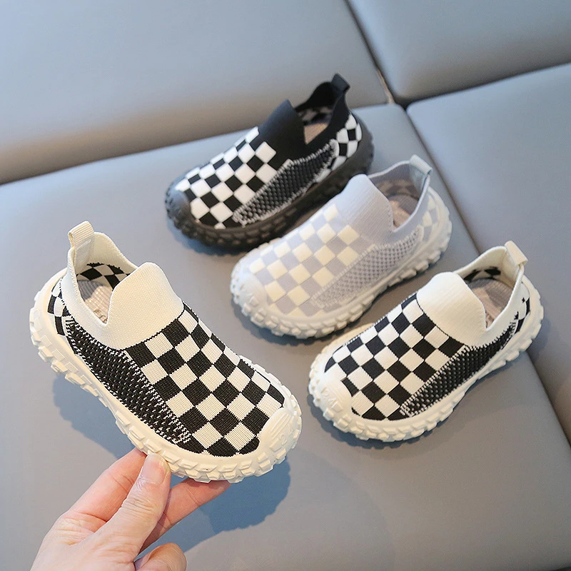 Kids Checkerboard Knit Sneakers For Boys And Girls Slip On Breathable Mesh Shoes With Chunky Non Slip Soft Sole Casual Sports