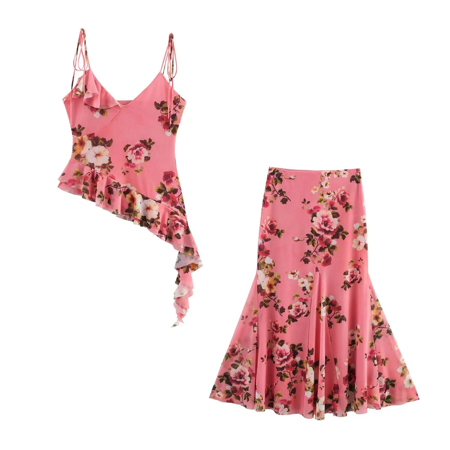 

UNIZERA Women's Skirt Set Retro High Waist Slim Silk Mesh Medium length Flower Printed Fish Tail Style Spring New Skirt Set