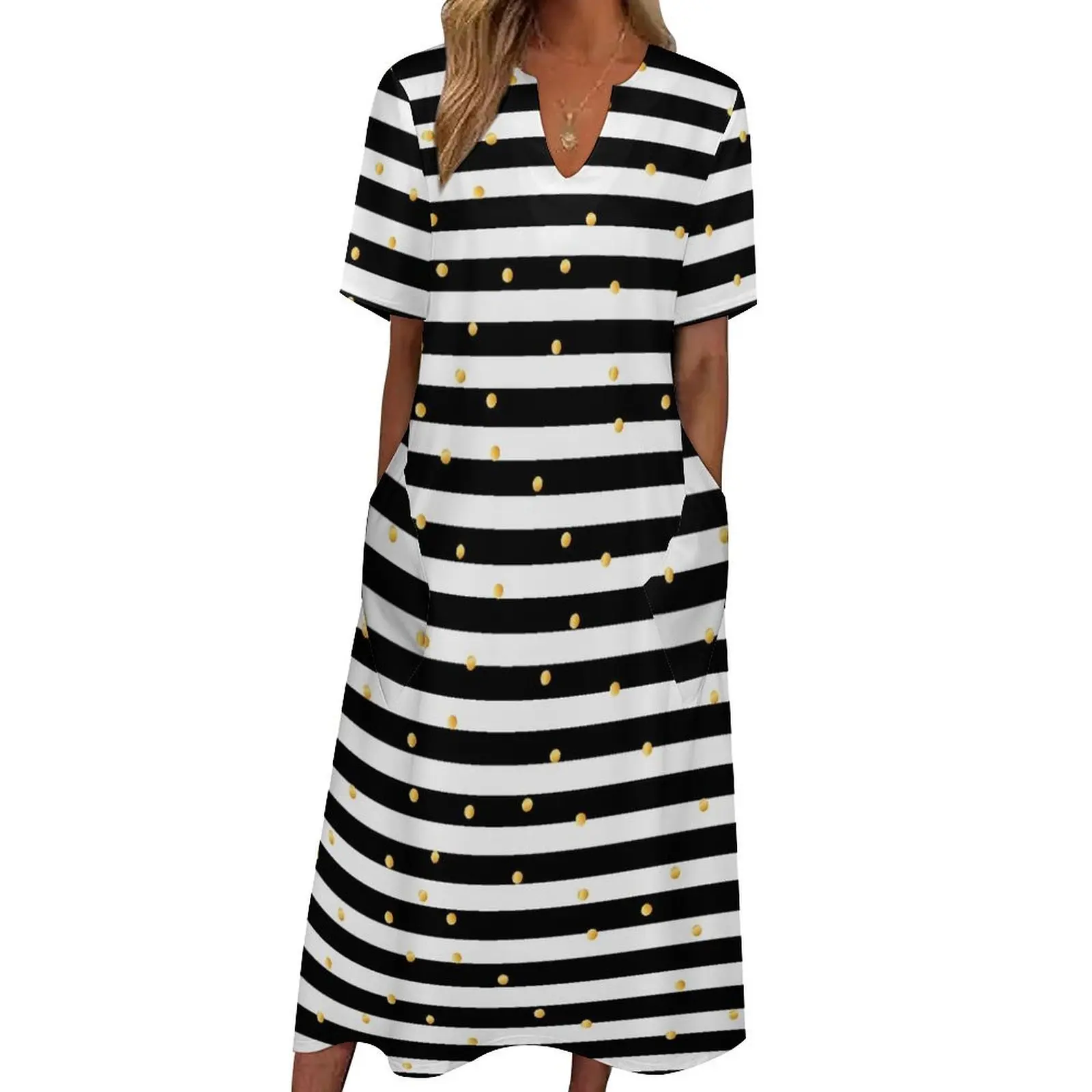 Gold Striped Polka Dot Dress Black And White Sexy Maxi Dress Streetwear Boho Beach Long Dresses Spring V Neck Graphic Vestido