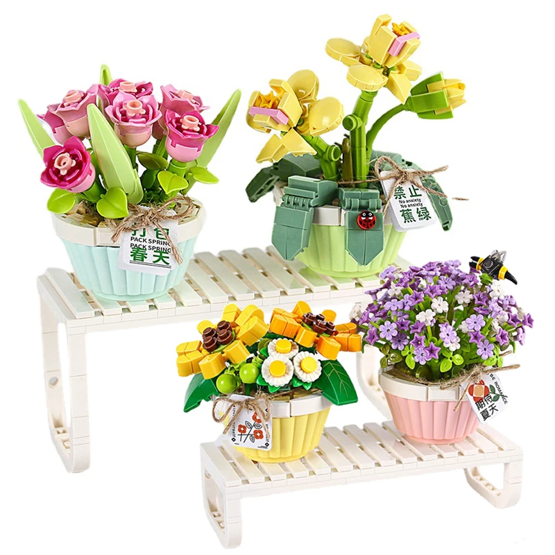 Flower Building Blocks DIY Plant Bonsai Decoration Rose Chrysanthemum Tulip Bouquet Model Assembled Toys Children\'s Holiday Gift