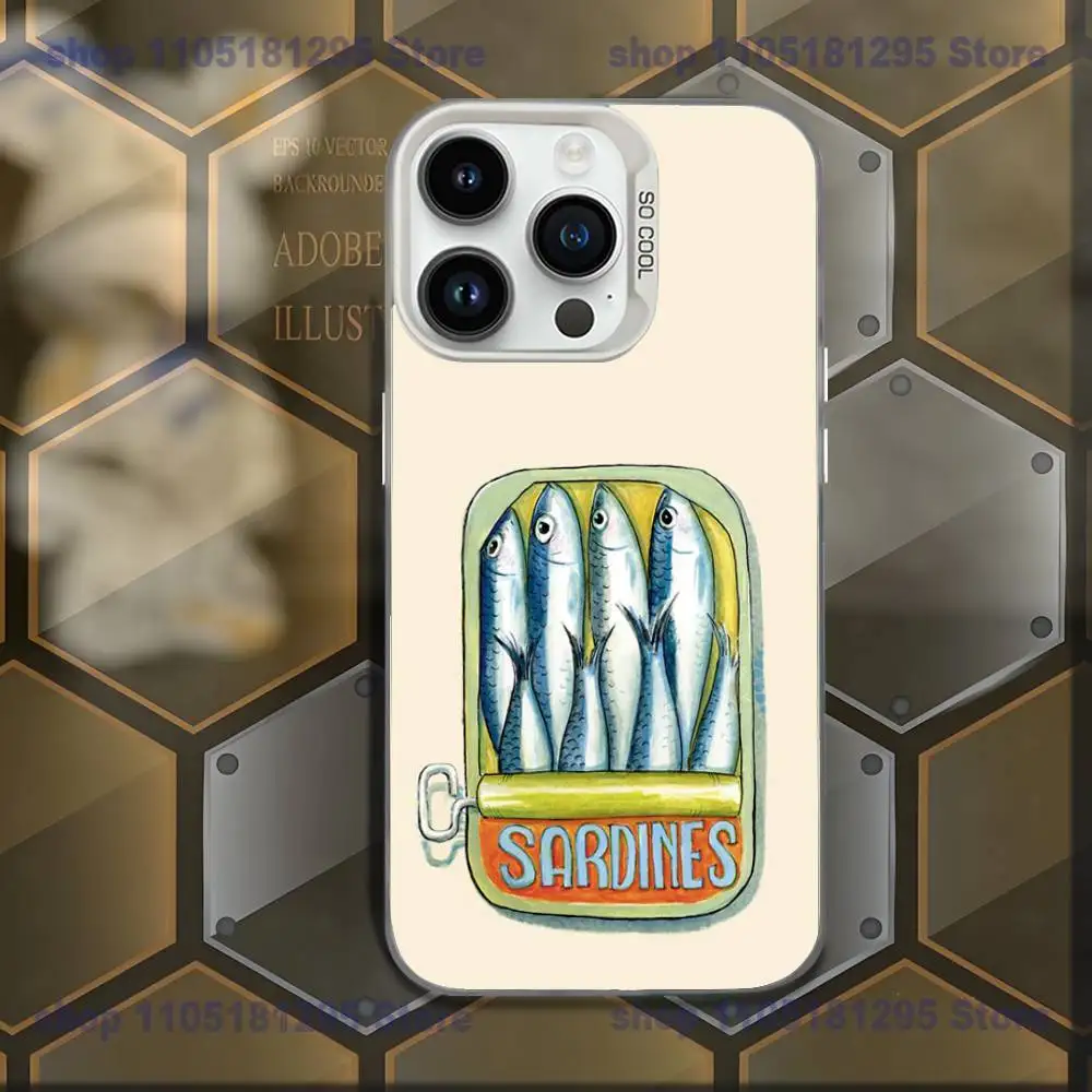 حافظة هاتف Sardines المعلبة لهاتف iPhone XR,17,16,15,14,13,12,11,Mini,Pro,E,MAX غطاء مقاوم للصدمات من الحلوى البيضاء غير اللامعة