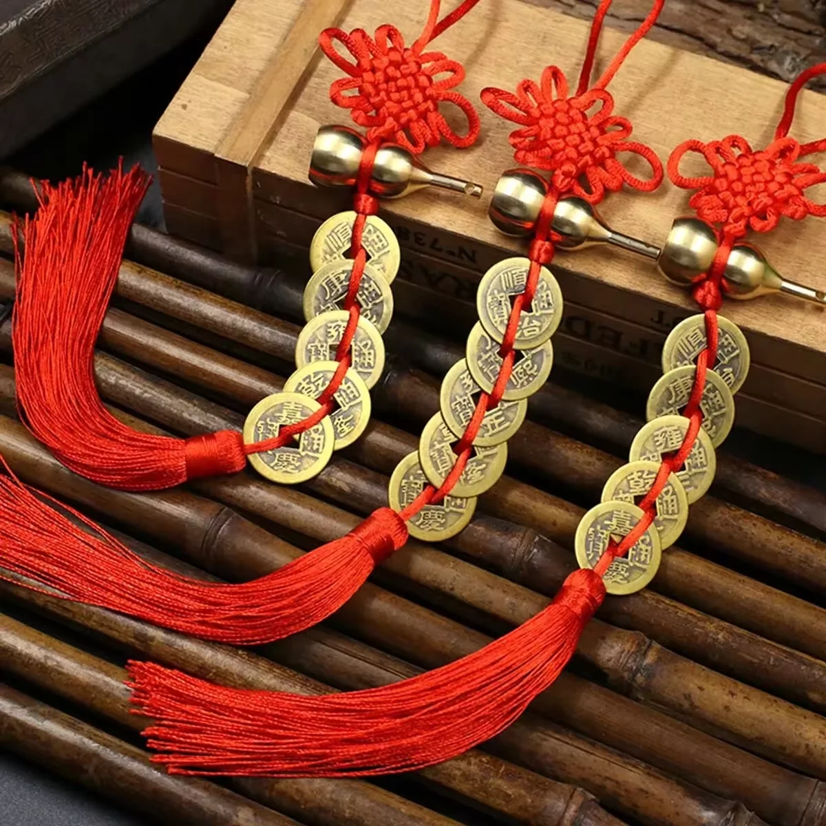 Colgante de cinco emperadores con forma de calabaza, colgante de Año Nuevo Chino, nudo chino de cobre, adorno de coche de cobre puro, regalos, artesanías para el hogar ﻿