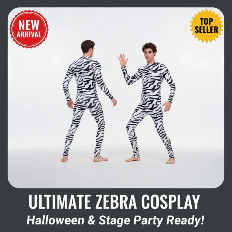 

▓2026Unisex Adult Zebra Print Long Sleeve Jumpsuit Cosplay Costume for Halloween Party Stage Show Role Play▓#！1