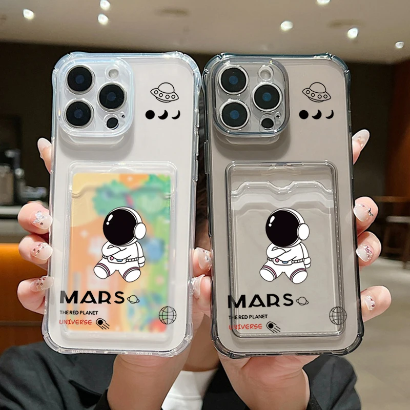 Case For iPhone 16 Pro Max Luxury Mars Astronaut Print Clear Soft Silicone Card Holder Cover For iPhone 15 14 13 Pro Max 12 11