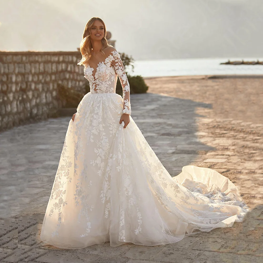 

Customized Gorgeous Two Pieces Wedding Dresses Lace Bridal Gowns Long Sleeves Bride Dress with Removable Skirt Wedding Gown 2025