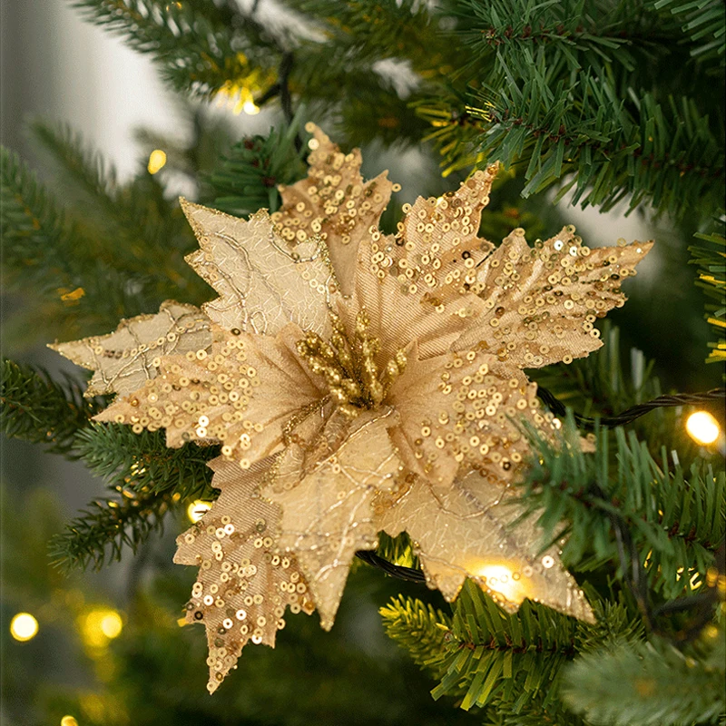 Glitter Artificial Christmas Flower Golden Silver Simulation Christmas Flower Christmas Tree Hanging Flower for Home Decoration