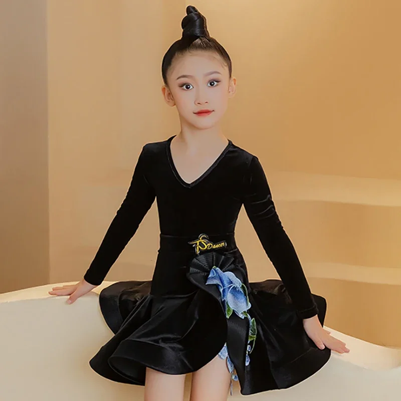 Robe de Concours de brevLatine pour Bol, Vêtements de brevChacha, Robe de Spectacle Brodée, Costume de Salle de Bal en Velours Noir pour Enfants