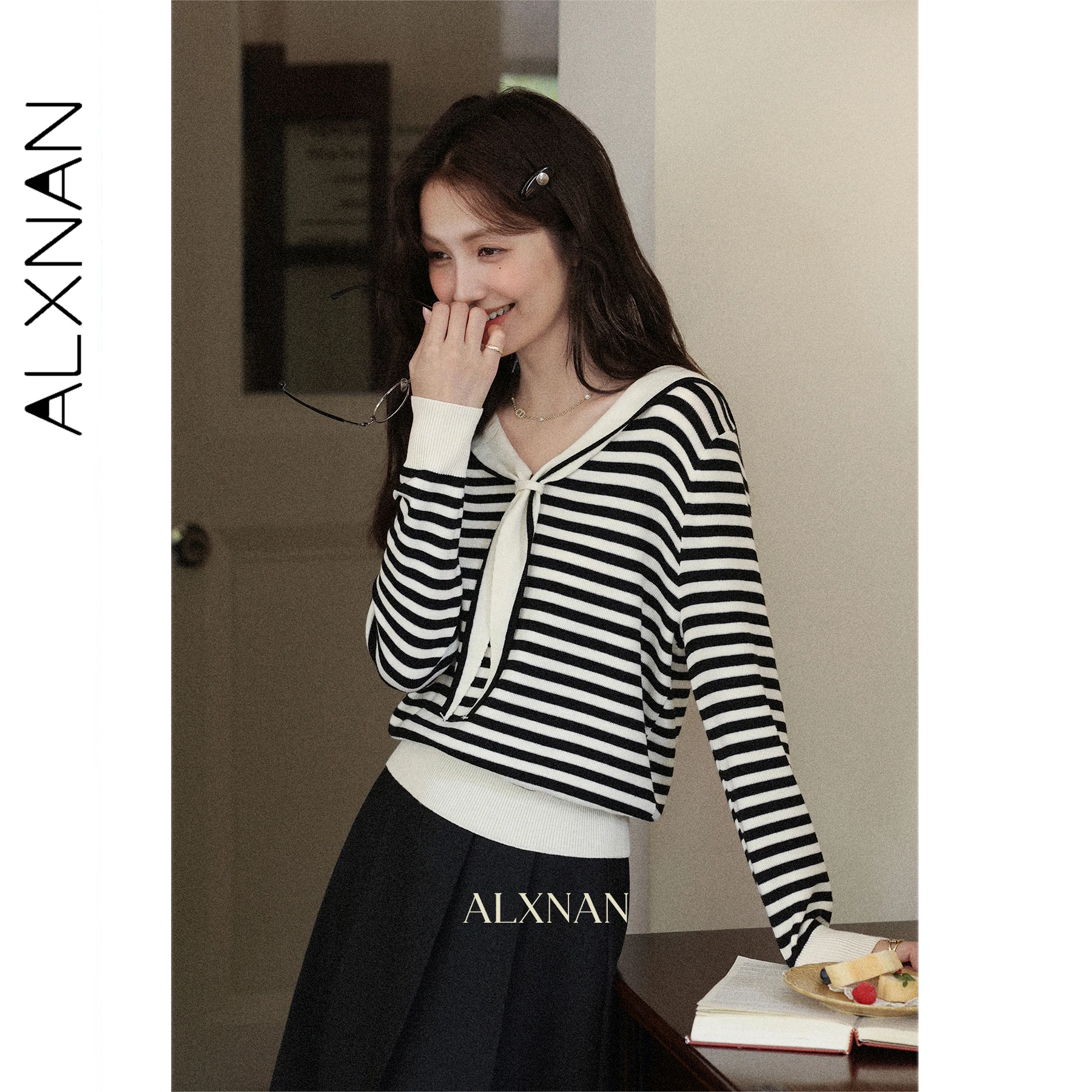 ALXNAN темно-синий полосатый свитер с воротником, женские осенние шерстяные элегантные пуловеры с длинными рукавами, 2025 г., повседневные свободные женские топы L57252