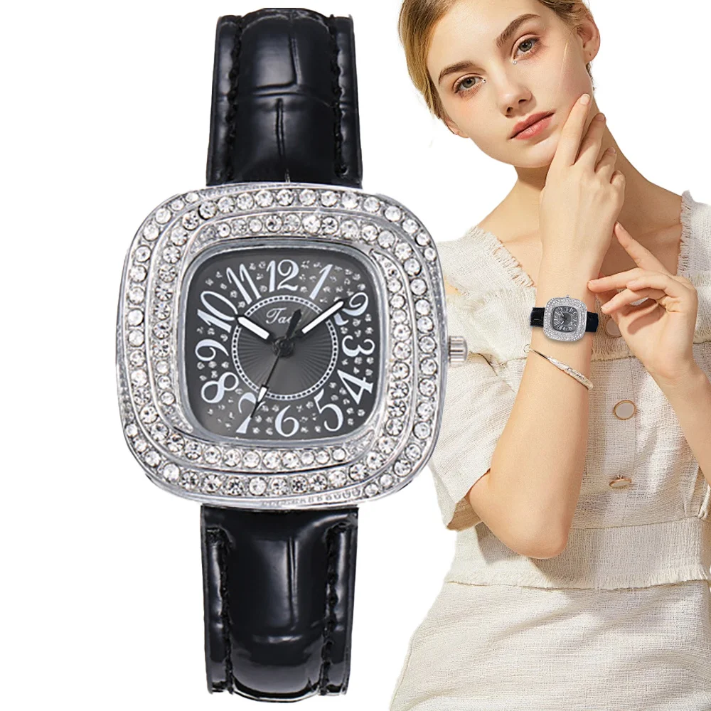 Luxury Ladies Silver Case Full Star Digital Square Quartz Watch Fashion Black Leather Women's Clock Wristwatch