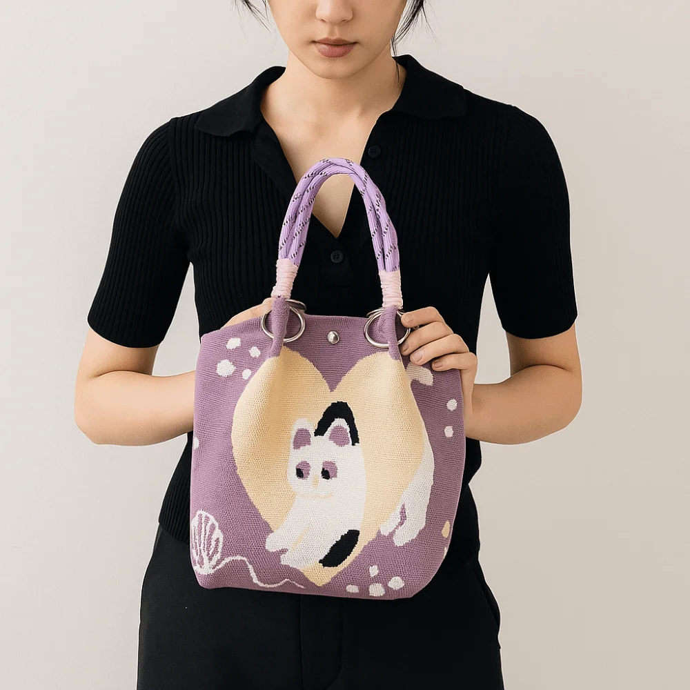 

Fashion Butterfly Cartoon Bucket Bag Bear Soft Knitted Handbag Korean Style Handheld Women Tote Bag Daily