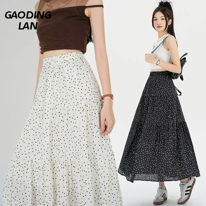 

GAODINGLAN High Waist Polka Dot Print Long Skirt Women Summer Retract Waist Lift Buttocks Skirt with Lining Elegant Skirt Korean