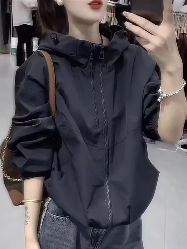 

Women's Sporty Zip-Up Hooded Jacket Double Zipper Short Coat Casual Spring Autumn Fashion Windproof Small Size Friendly