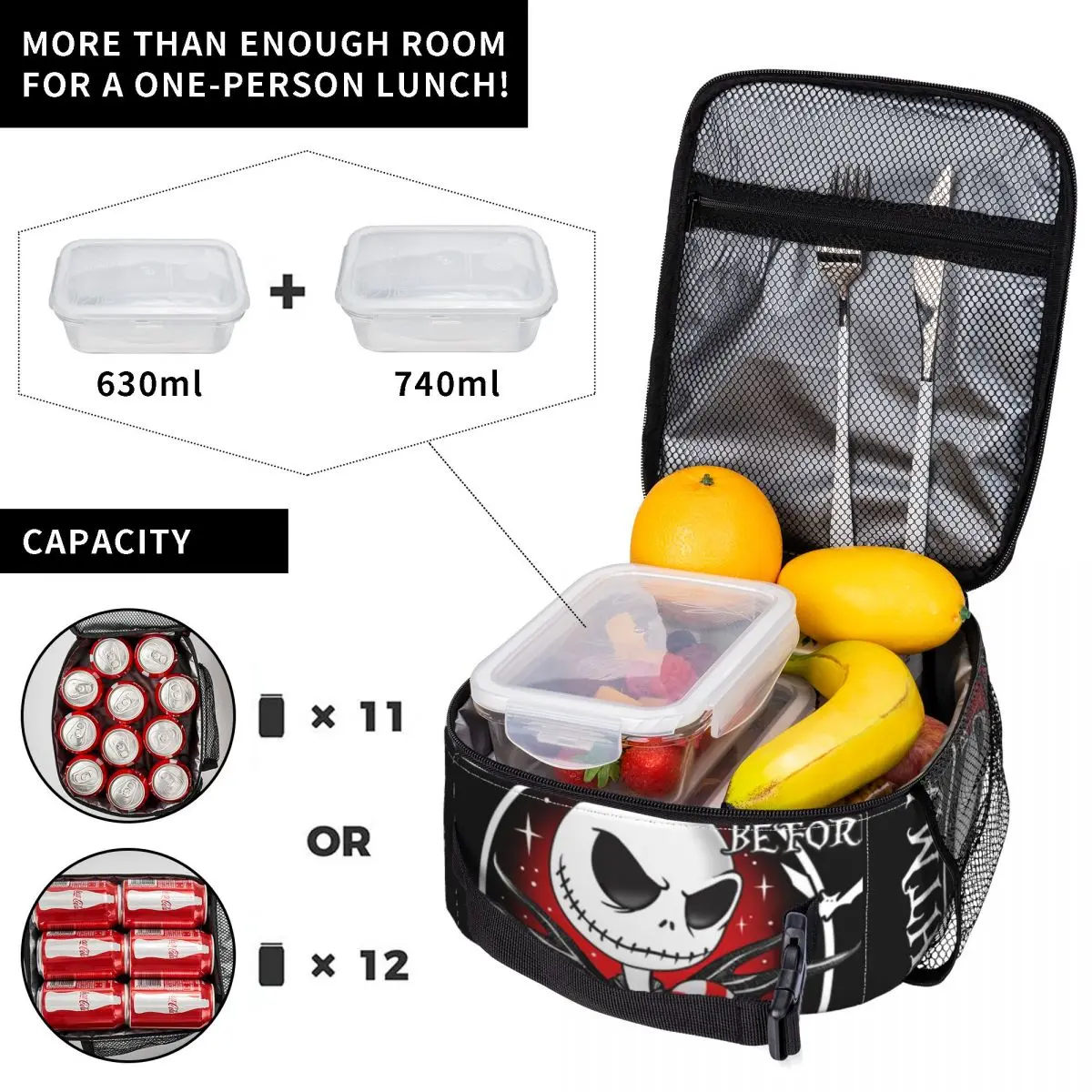 Custom The Nightmare Before Christmas Jack Skellington Resuable Lunch Box Thermal Cooler Food Insulated Lunch Bag Office Work