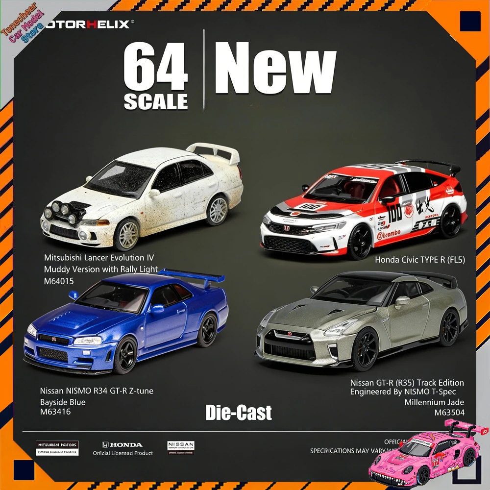 

Модели автомобилей Motorhelix MH 1:64: Mitsubishi Lancer Evolution EVO IV, Honda Civic Type R FL5, Nissan GTR R35, Track R34GT-R Z-tune, литые игрушечные машинки