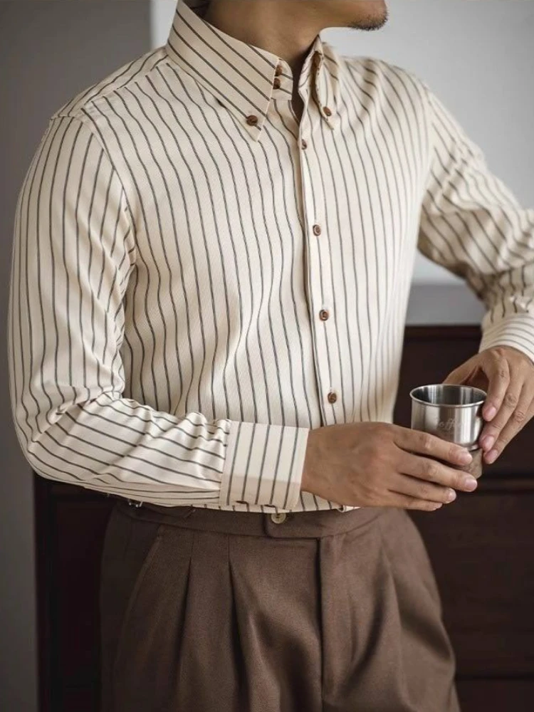 

Мужская рубашка в стиле бизнес-кэжуал, британский винтаж, в полоску, с длинным рукавом, весна-осень, приталенная, немнущаяся, не требующая глажки