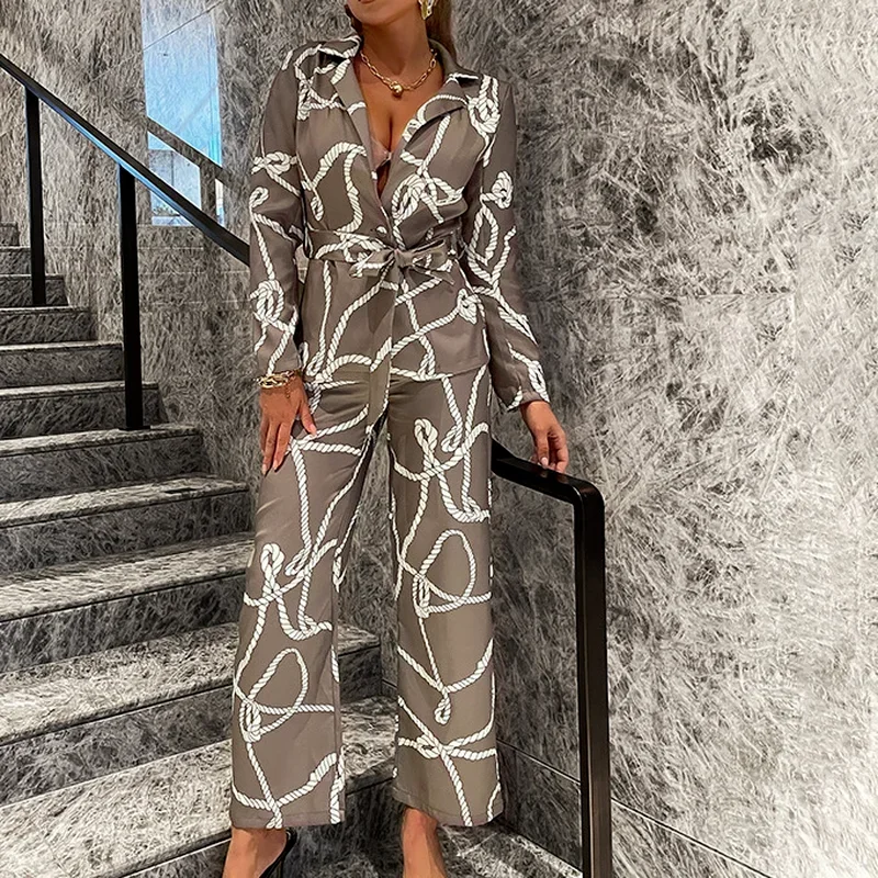 Winter Fashion Printing Office Ladies Suit Elegant Straight-leg Pants Top with Belt Autumn Wide-leg Overalls Two-piece Suit New