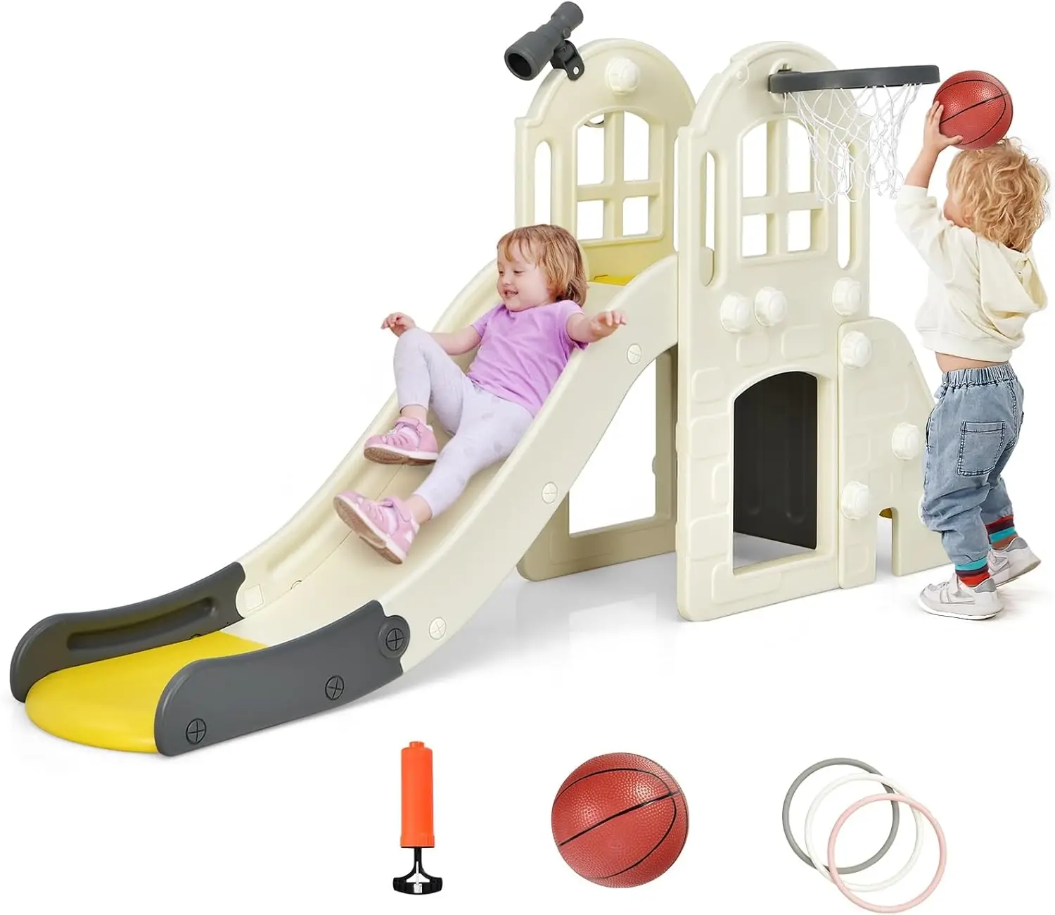 Toddler Large Slide, 6 in 1 Slide for Kids with Basketball Hoop, Ring Toss, 2 in 1 Convertible Climbing Way, Freestanding Kids S