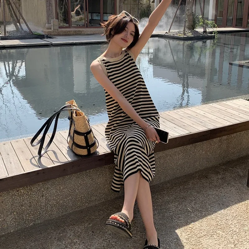 Vestidos básicos a rayas para mujer, Vintage, combina con todo, estilo coreano seductor, informal, tierno, estético, sencillo, encantador, acogedor para uso diario