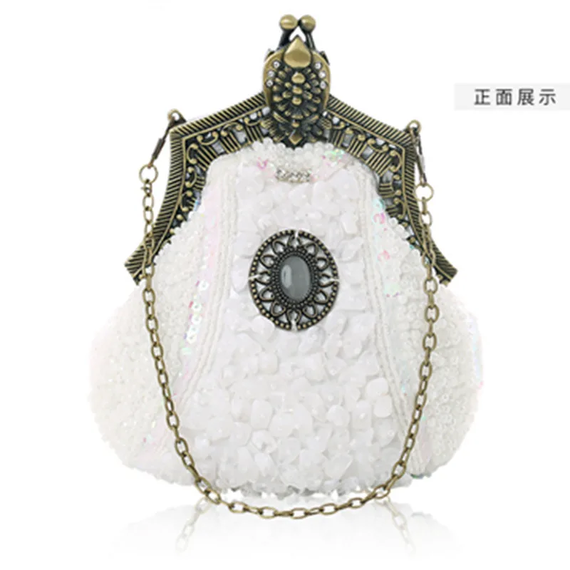 Retro Fashion Pearl Sequin Beaded Clutches Handbag for Women Vintage Antique Gold Color Chain Shoulder Bag Party Evening Bags