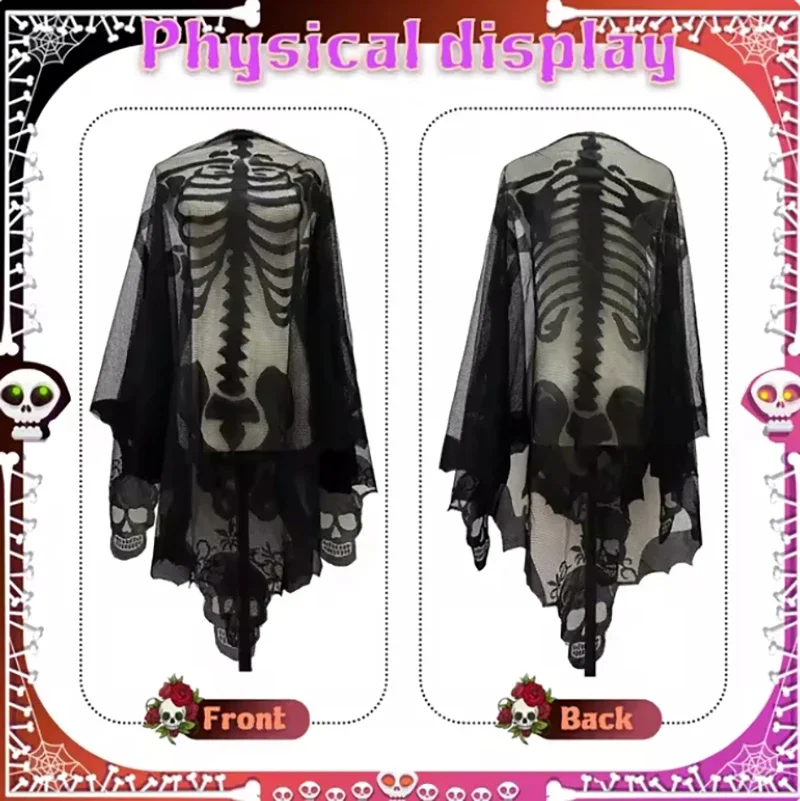 

New Shawl Halloween Decoration Shawl, Black Skull Decoration Polyester Material Shawl, Black For Any Holiday Use,