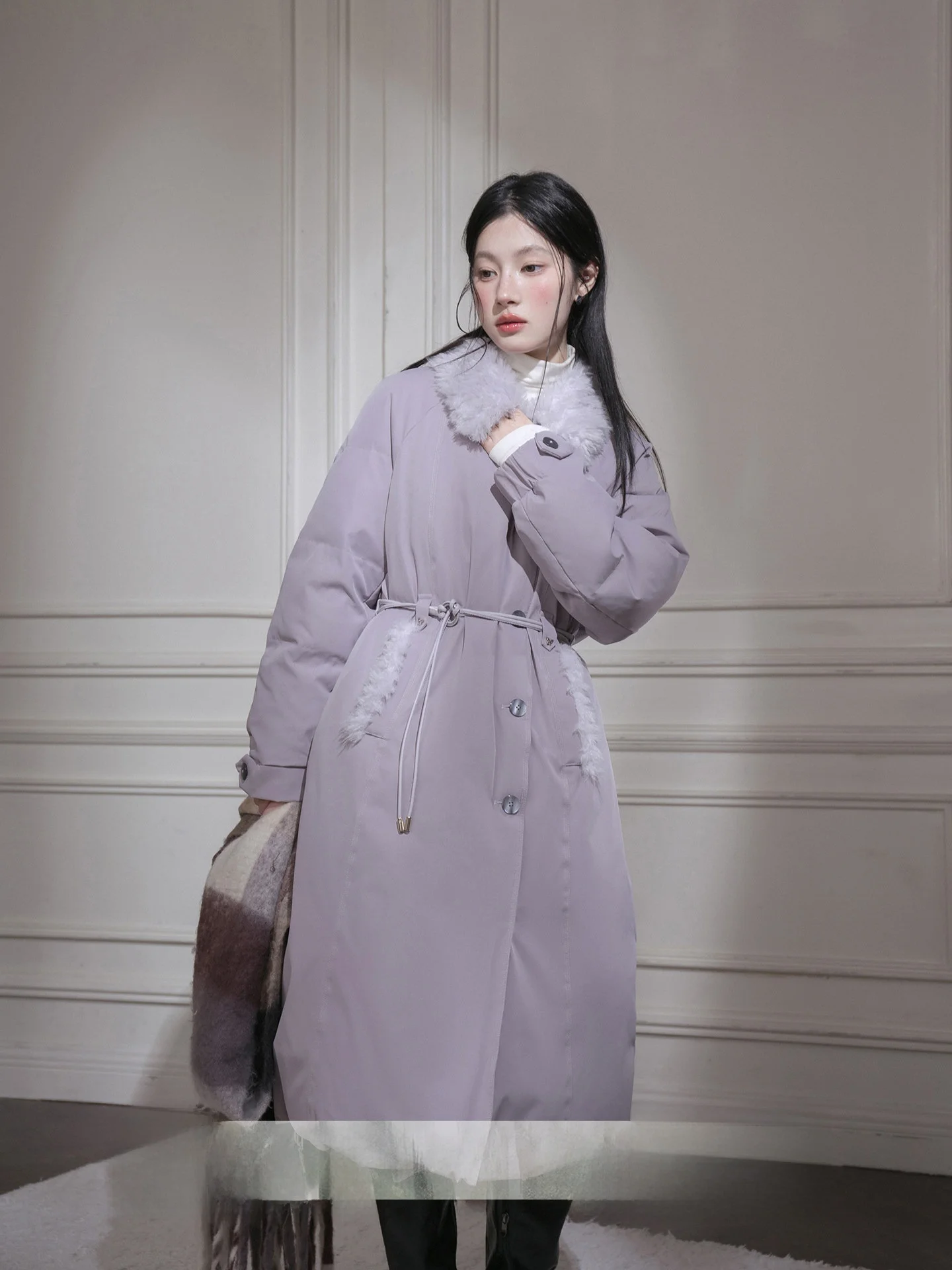 

COTRE Premium Long down Jaet Purple Evening Clouds Du Feather High Quali Commute Sle Straight Cut Women's Coat