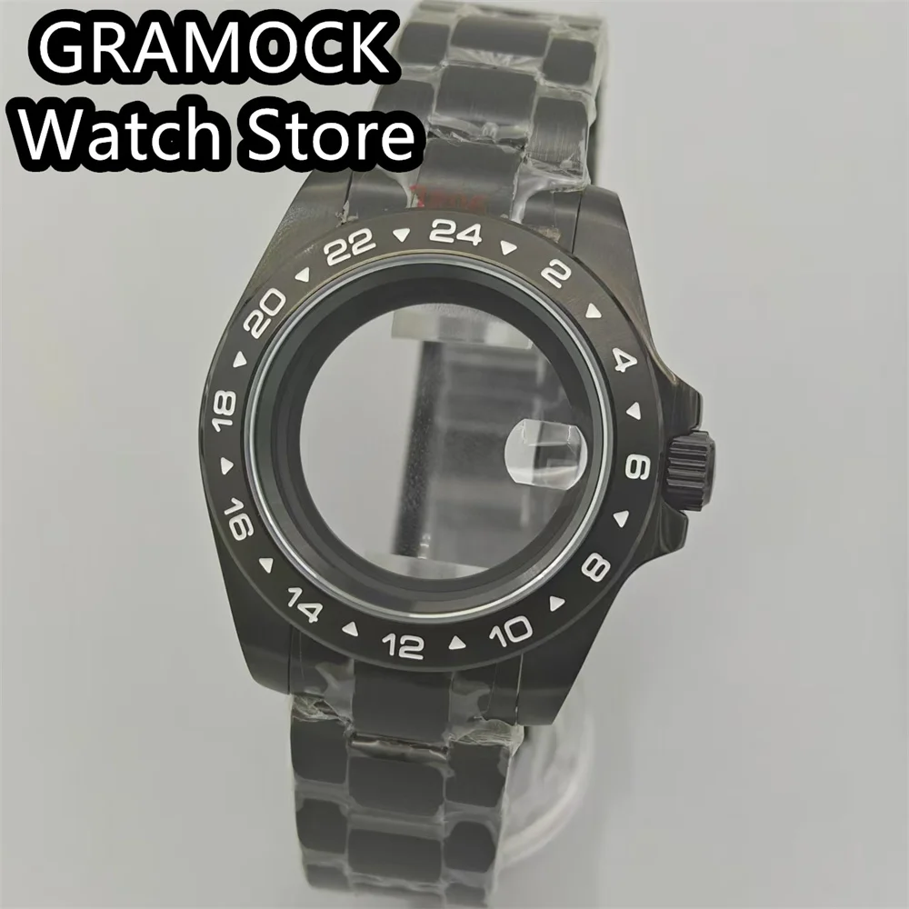 GRAMOCK 40mm Black PVD Watch Case Sapphire Glass Fixed 24 Hour Bezel Steel Bracelet Fit NH34 NH35 NH36 ETA2824 PT5000 Movement