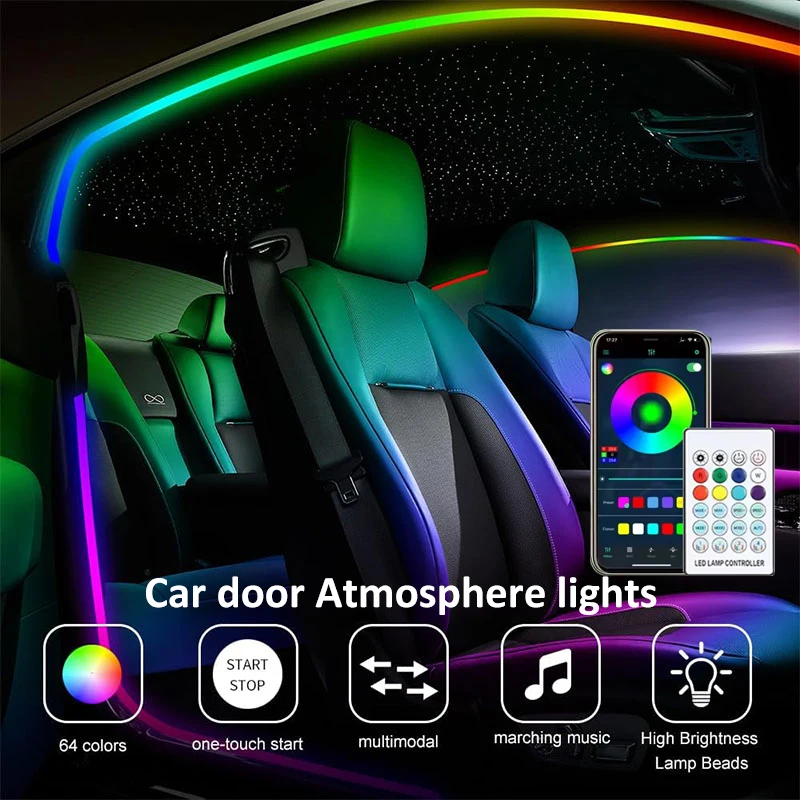3.5M Full Color Streamer Car Ambient Lights 64Color Changing Universal LED Interior Strip Hidden Wiring Free Decor Lamp USB Plug