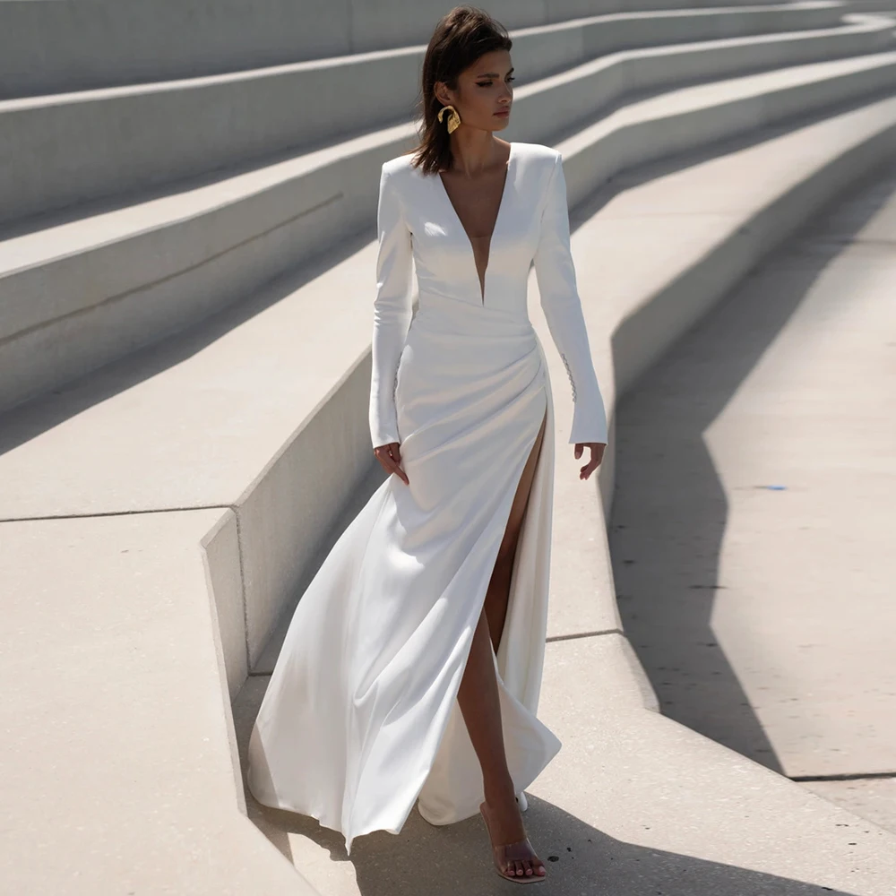 

Customized Formal Jersey Wedding Dresses for Woman Deep V-Neck Back Zipper Long Sleeves High Split Bridal Gowns Sweep Train 2025