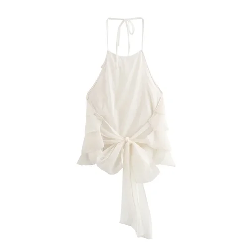 Imagen 2 del producto Tops con cuello Halter para mujer, dulce con cordones, sin mangas, sin espalda, lazo en capas, decoración con hombros descubiertos, 2024