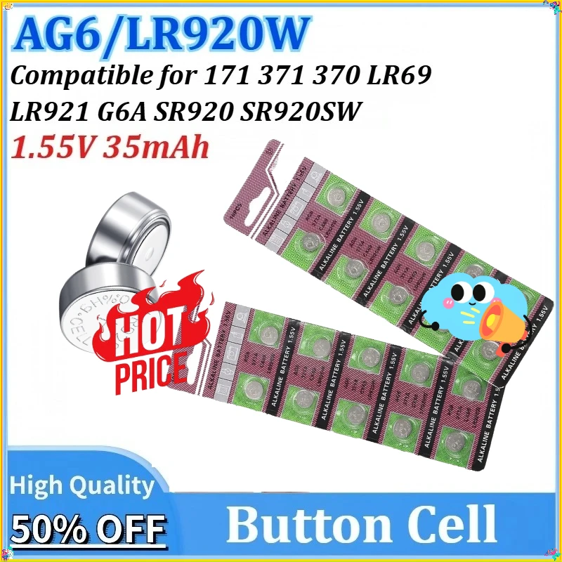 

1.55V 35mAh for Watch Toys Remote SR920SW Cell Coin Alkaline Battery LR920 AG6 171 371 370 LR69 LR921 G6A SR920 Button Battery