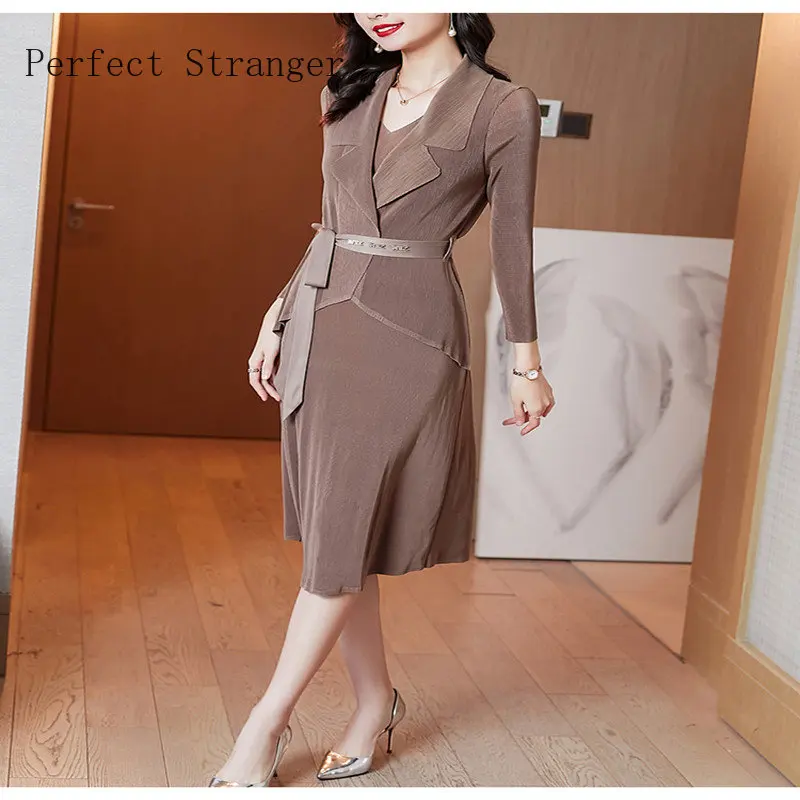 2022 Vestidos Fake Two Pieces Elegant Knitting Workwear Basic Elasticity Midi Long Sleeve Female Robe Women's Autunm Lady Dresse