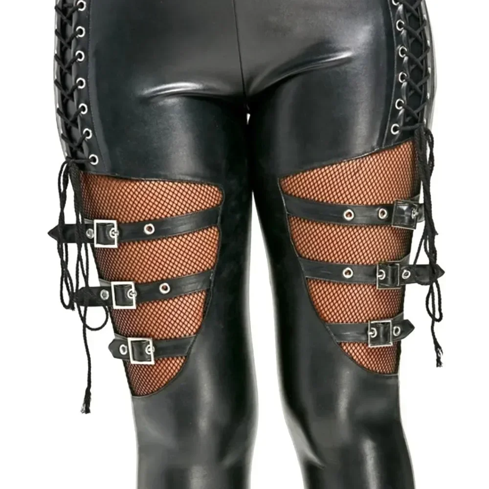 Trendige Spitzenhose für Damen, schmale Hose im Gothic-Punk-Stil aus PU-Leder mit Spitzenhose mit Netzbesatz und elegantes Design