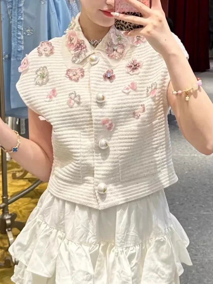 

High-End European Summer Faion 3D Flower Bead Decorated Stand Collar ort Sve Knitted Vest Top Cardigan Women'swear