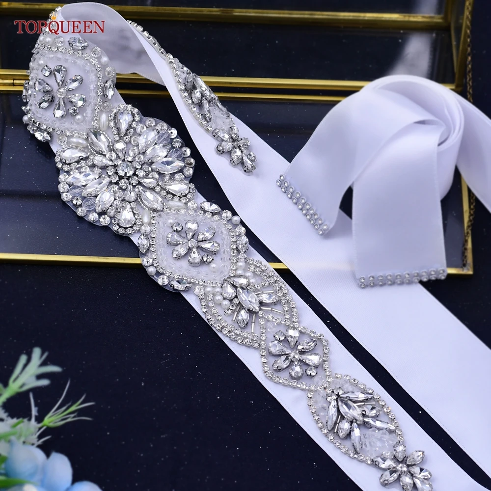 TOPQUEEN S433 Luxury Designer Belts Silver Rhinestone Appliques Wedding Dress Bridal Accessories Women\'S Evening Party Sash