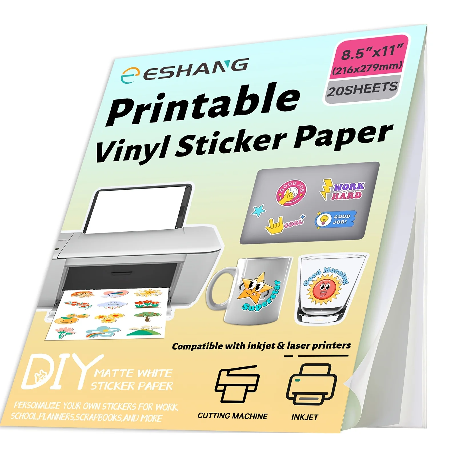 20 arkuszy matowego białego papieru winylowego do druku, format Letter, 8,5 x 11 cali, kompatybilny z drukarkami atramentowymi, samoprzylepny, wodoodporny