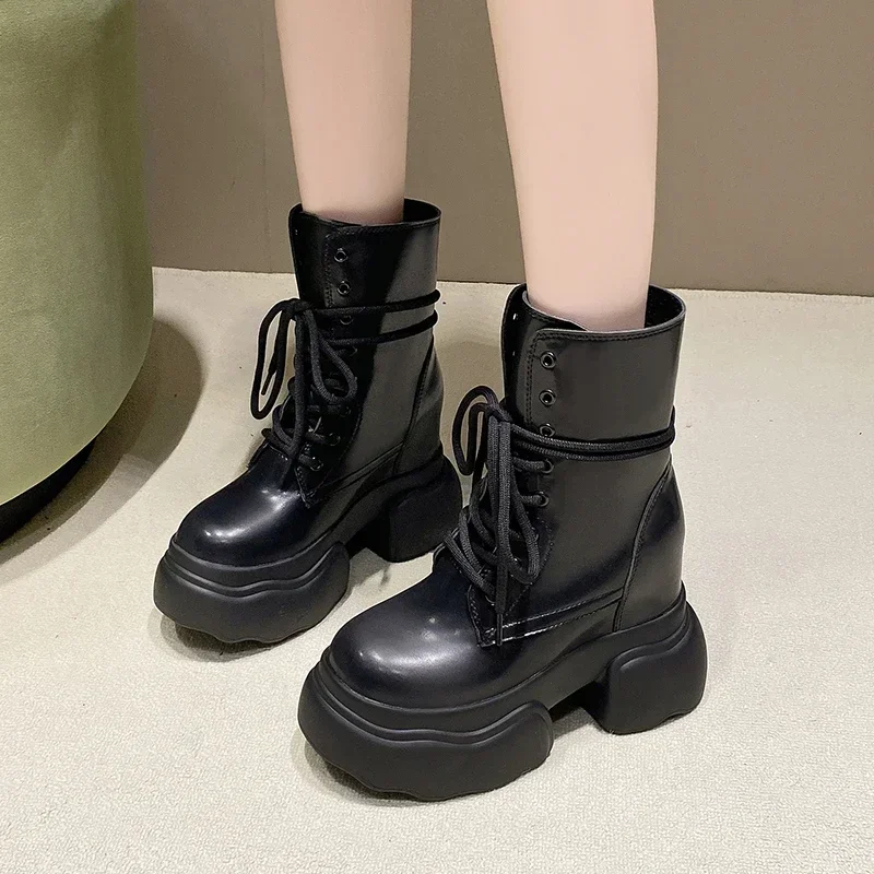 

11CM Autumn Chunky Ankle Boots 2024 New Women's Thick Bottom Winter Leather Platform Short Boots Woman Heels Motorcycle Shoes