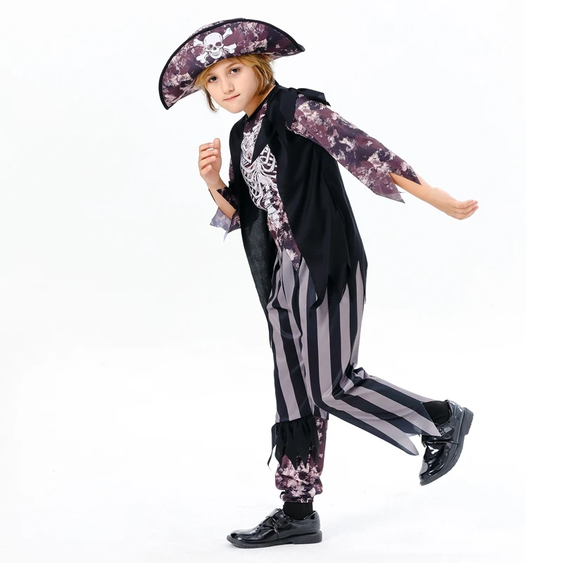 Kids Pirate Costume Boys Pirate Halloween Cosplay Costume Skeleton Print Long Sleeve Tops Stripe Pants Hat 3Pcs Set