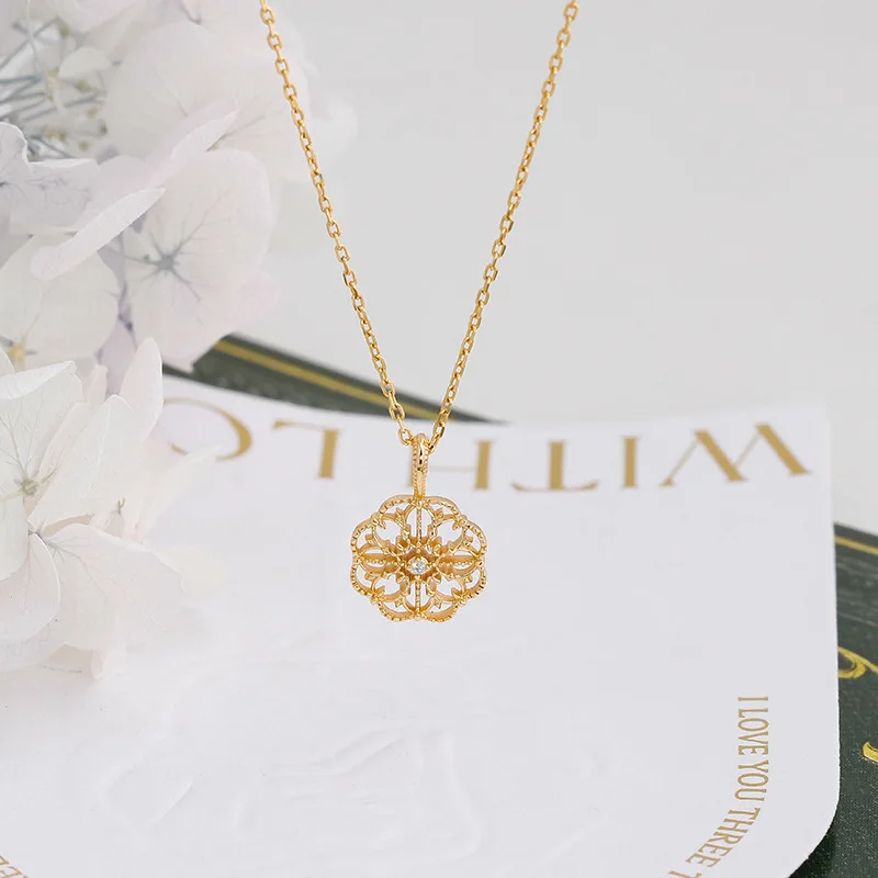 LAMOON Vintage Exquisite Medieval Flower Petals Hollow Pattern Pendant Necklace 925 Sterling Silver Gold Plated Fine Jewelry
