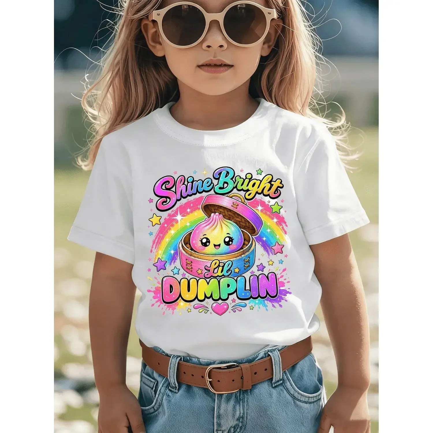 Girls T-Shirts Summer Fashion Short Sleeve Top Shine Bright Little Dumpling Little Bun Cartoon Pattern Print Casual Versatile Style Trendy Tee for Girls