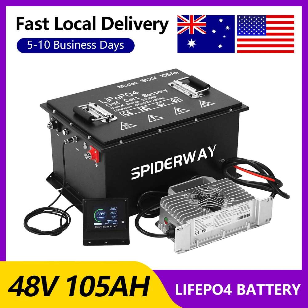48V 105Ah Bluetooth LiFePO4 Lithium Battery Built-in 200A BMS 5376Wh 6000+ Cycle, W/ Charger for RV Motorhome Camping