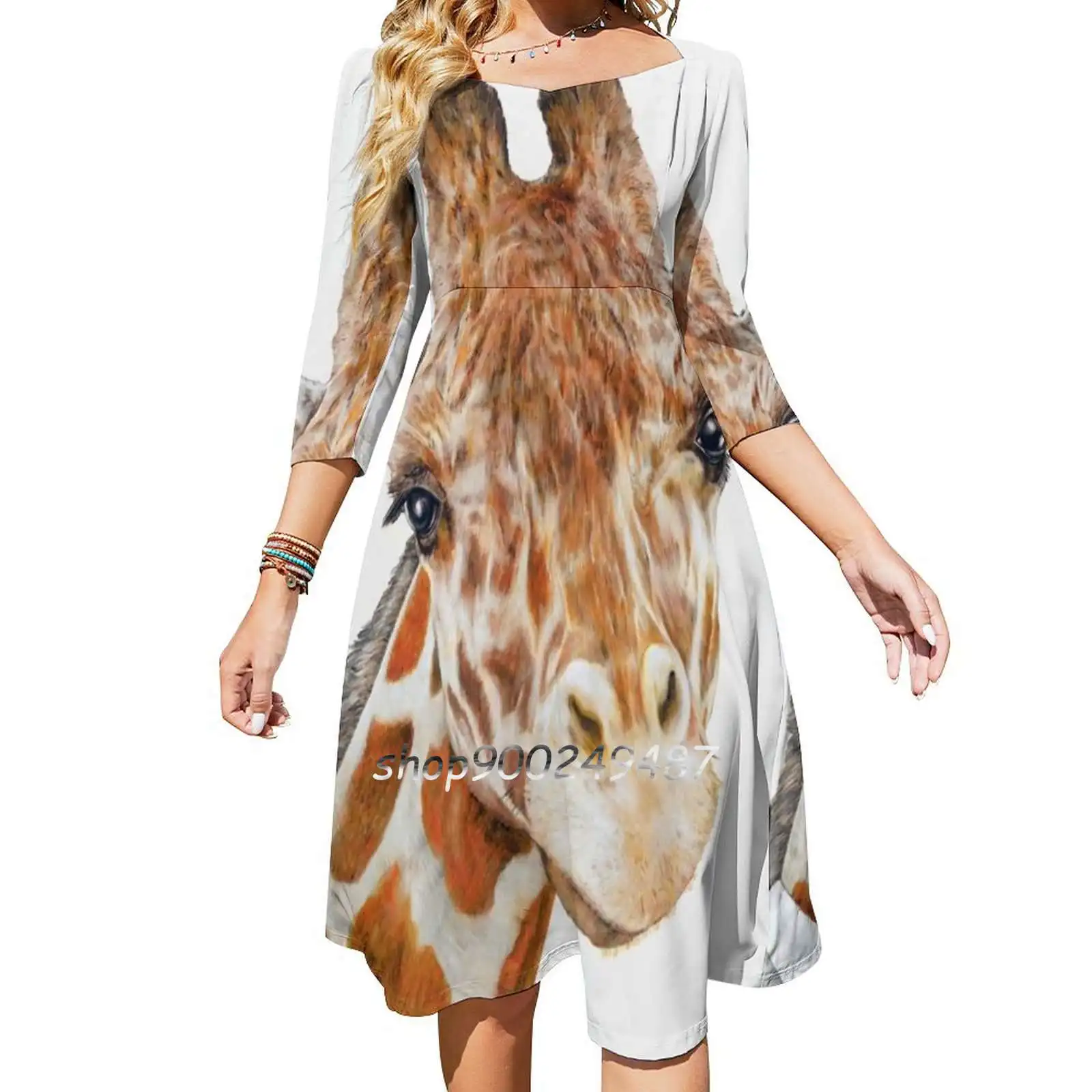 Giraffe Dresses For Women A-Line Korea Style Slim Long Sleeve Dress Giraffe Zoo Animals Zoo Animal Art Portrait Animals Animal