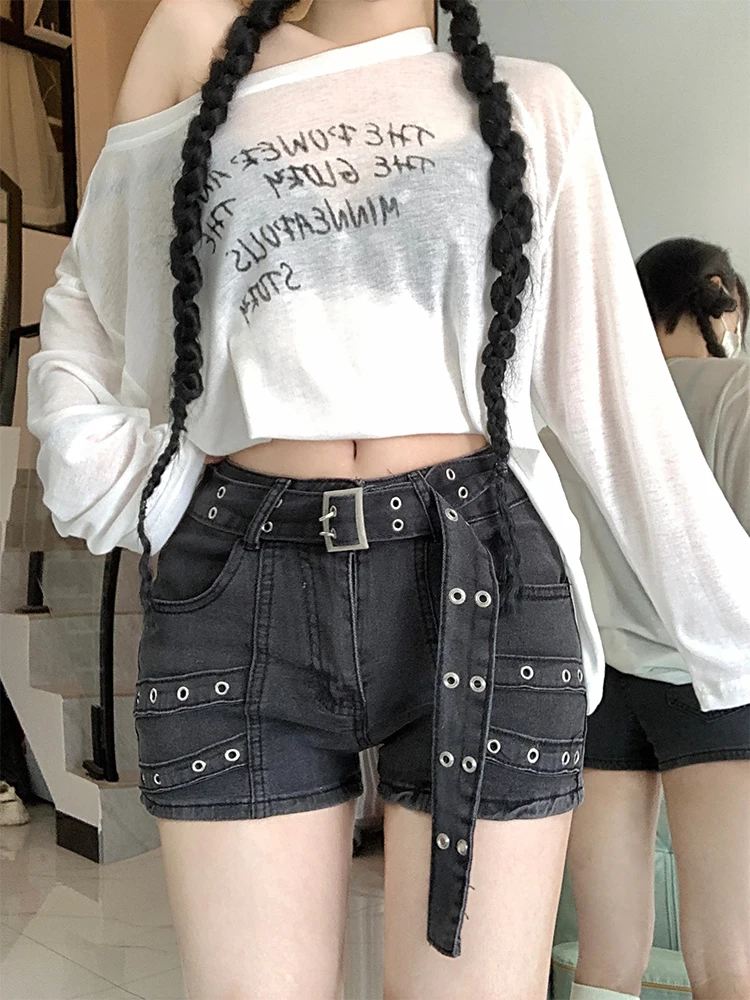 Women Black Gothic Denim Shorts Y2k Jeans Short Pants Harajuku Aesthetic Vintage Cowboy Shorts 2000s Trashy Clothes Summer 2024